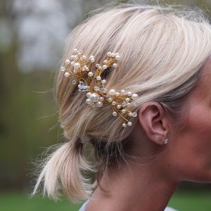 Gold bridal pearl and crystal bead hairpin - NEW